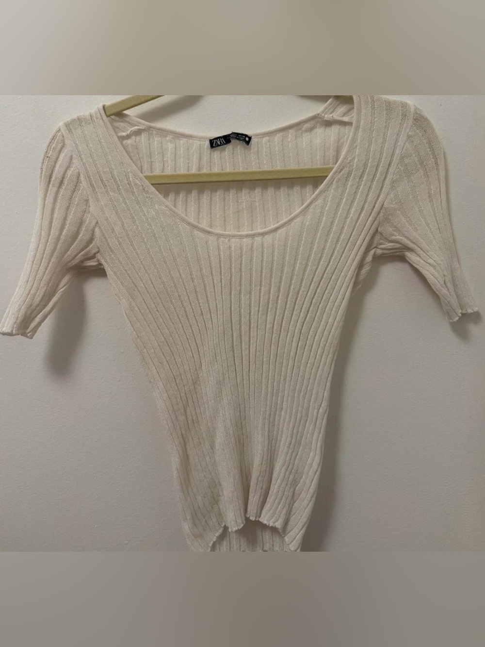Zara Cream Ribbed Scoop-Neck Short Sleeve Top